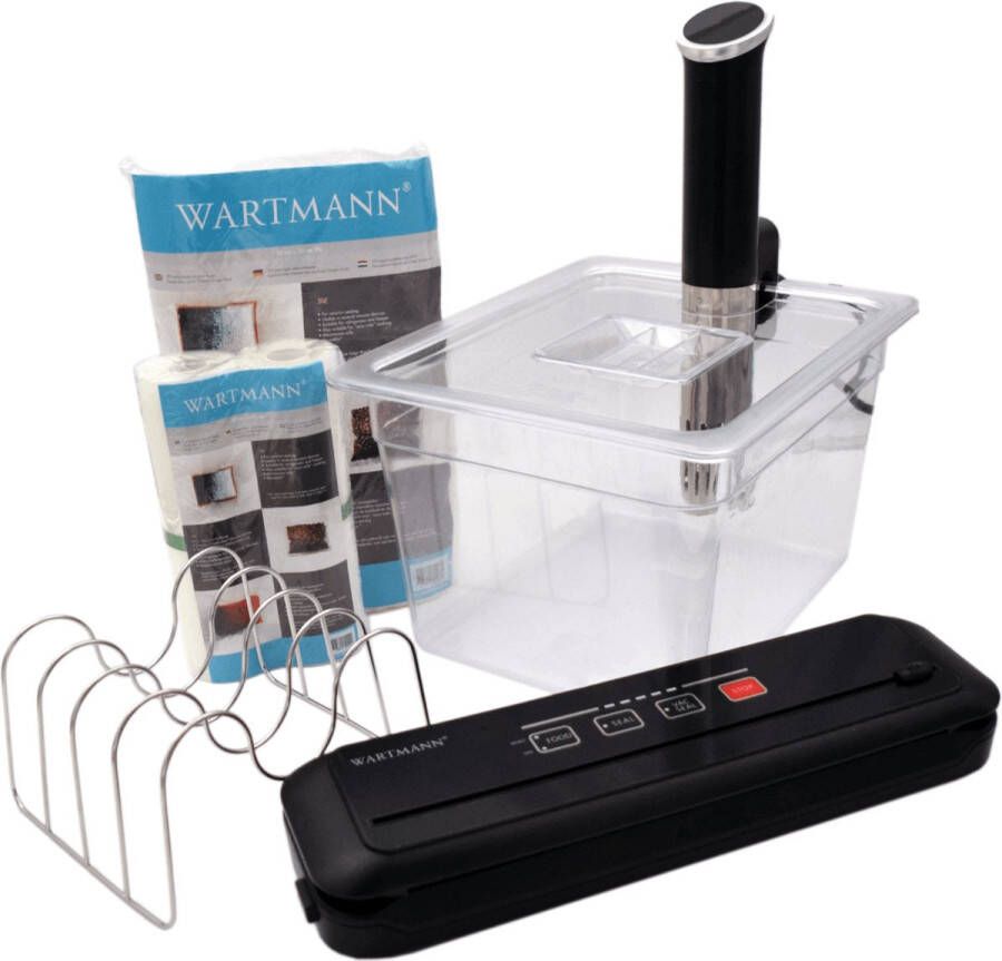 Wartmann Sous Vide Set 1508 stick Vacuümmachine Vacuümzakken Vacuümrollen Waterbak Rekje Deksel en Sous Vide Kookboek (E-Book)