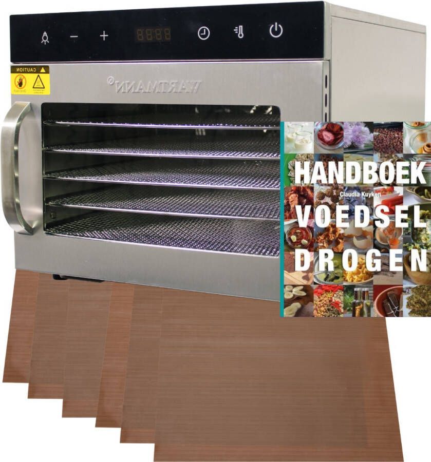 Wartmann Voedseldroger Voordeelset Professionele Dehydrator 6 laags Droogoven Handboek Voedsel Drogen 6 Non-stick Vellen WM 2206 DH Dubbelwandig RVS 25°C tot 90°C