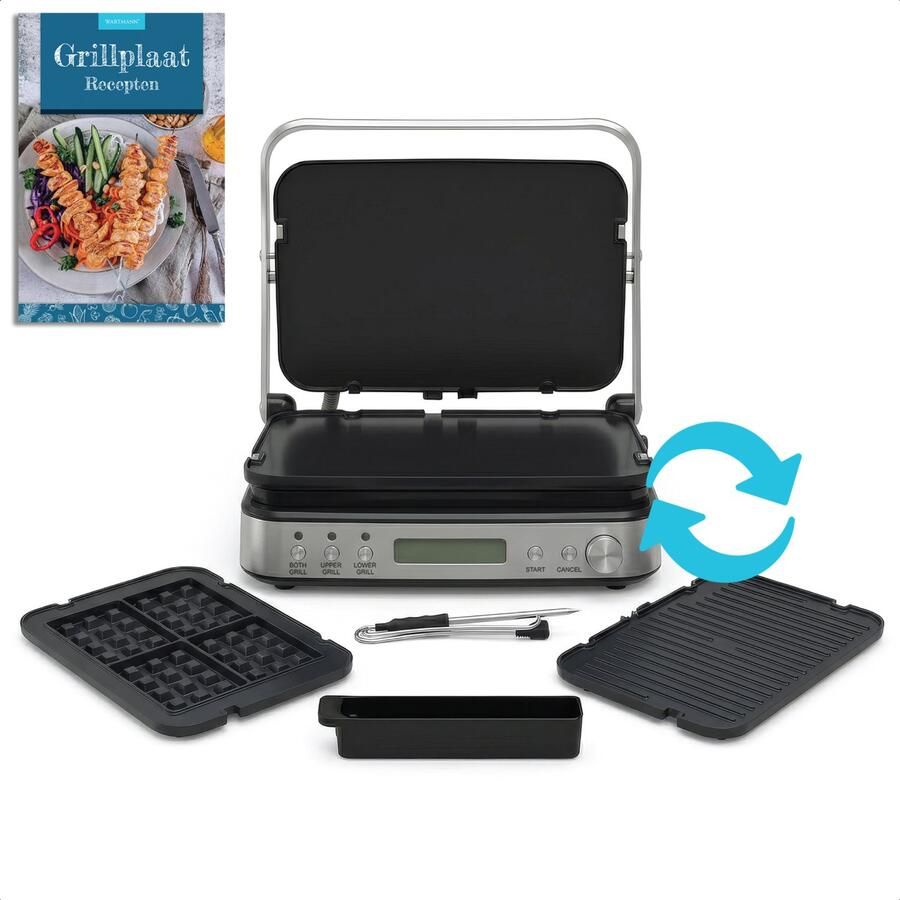 Wartmann Contactgrill Wafelijzer Tosti Apparaat Paninigrill en Tosti ijzer Gourmetstel PFAS-vrij Verwisselbare Platen & Vaatwasserbestendig Groot Grilloppervlak Snel Warm (2000W) RVS