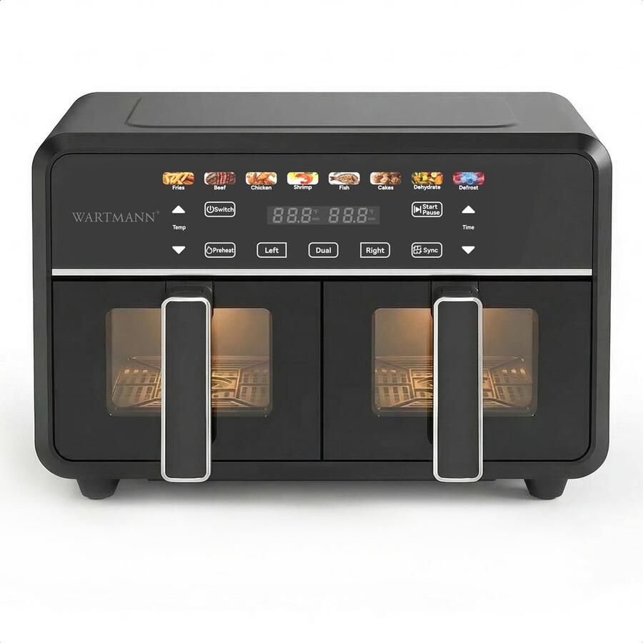Wartmann Dubbele Airfryer XXL 11L PFAS-vrije Heteluchtfriteuse Infrarood Dual Zone 2 x 5.5L 40–200°C 8 Kookprogramma's 2850W WM-2511 AF Zwart