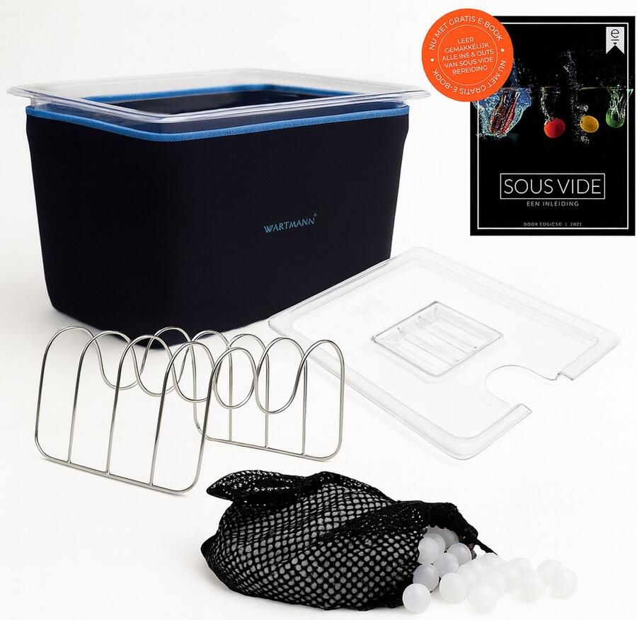 Wartmann Sous Vide Set 12 Liter Waterbak BPA Vrij Polycarbonaat Deksel Neopreen Isolatiehoes RVS Rekje Gratis Sous Vide E-book met Recepten Duurzaam Kostenbesparend Vaatwasserbestendige