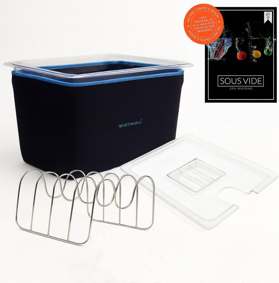 Wartmann Sous Vide Set 12 Liter Waterbak BPA Vrij Polycarbonaat Deksel Neopreen Isolatiehoes RVS Rekje Gratis Sous Vide E-book met Recepten Duurzaam Kostenbesparend Vaatwasserbestendige