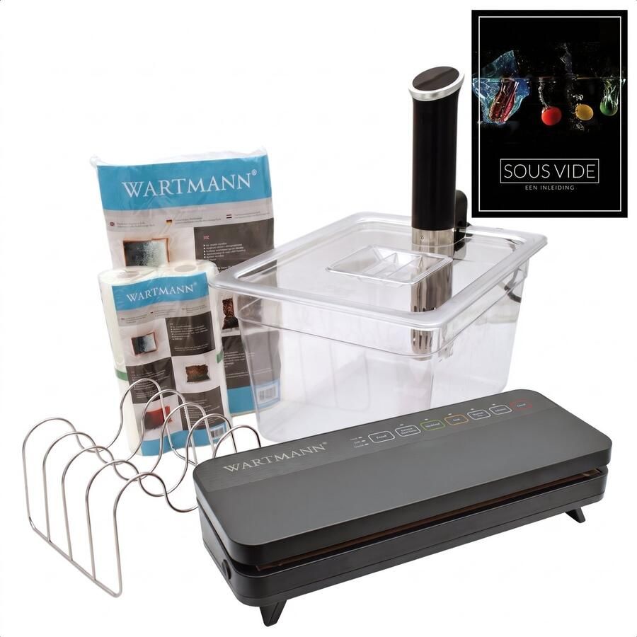 Wartmann Sous Vide Set 1508 stick Vacuümmachine Vacuümzakken Vacuümrollen Waterbak Rekje Deksel en Digitaal Sous Vide Handboek
