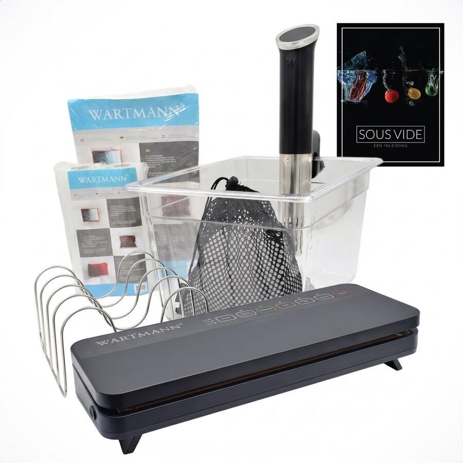 Wartmann Sous Vide Stick 1508 Complete Voordeelset Inclusief Vacuümmachine Vacuumzakken & Rollen Waterbak Rekje Isolatieballen en Sous Vide Handboek (digitaal)