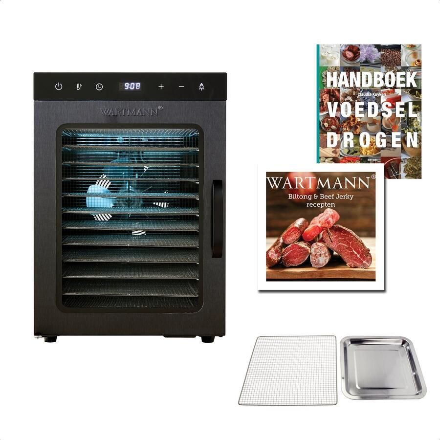 Wartmann Voedseldroger Set 12 Laags Droogoven Dehydrator Dubbelwandig RVS Vaatwasserbestendige Onderdelen Ruime Capaciteit Inclusief Handboek Voedseldrogen Gratis Biltong & Beef Jerky Receptenboekje Nikkelvrij Stil WM 2512