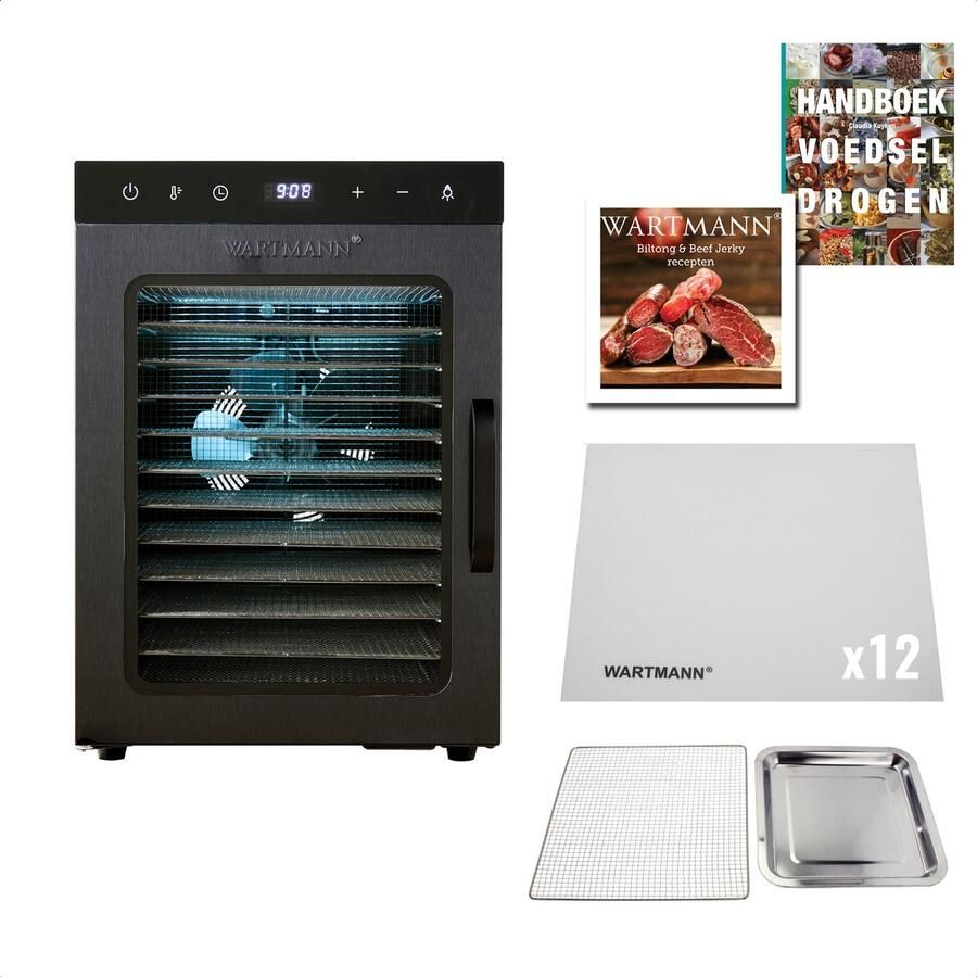Wartmann Voedseldroger Set 12 Laags Droogoven Dehydrator Dubbelwandig RVS Vaatwasserbestendige Onderdelen Ruime Capaciteit Met 12 Siliconen Droogmatten Inclusief Handboek Voedseldrogen Nikkelvrij Stil WM 2512