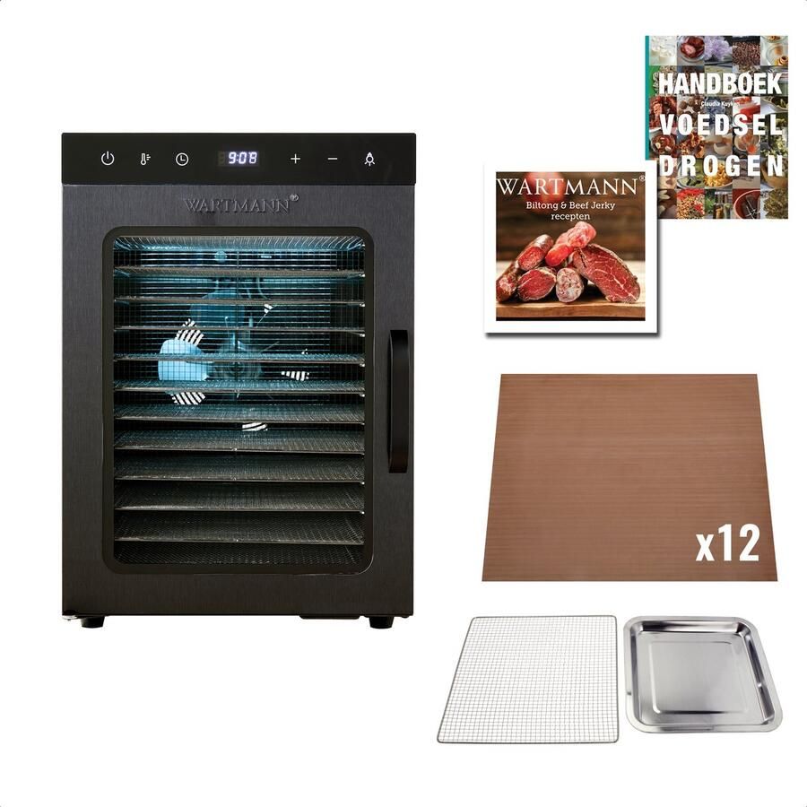 Wartmann Voedseldroger Set 12 Laags Droogoven Dehydrator Dubbelwandig RVS Vaatwasserbestendige Onderdelen Ruime Capaciteit Met 12 Anti Stick Droogvellen Inclusief Handboek Voedseldrogen Nikkelvrij Stil WM 2512
