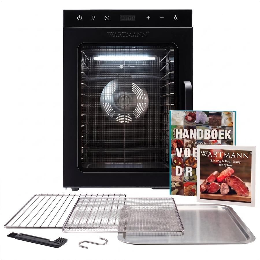 Wartmann Voedseldroger Set 12 Laags Droogoven Dehydrator Dubbelwandig RVS Vaatwasserbestendige Onderdelen Ruime Capaciteit Inclusief Handboek Voedseldrogen Inclusief Biltong & Beef Jerky Receptenboekje Nikkelvrij Stil WM 2512