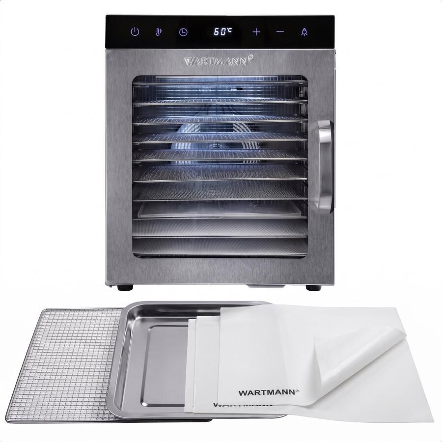Wartmann Voedseldroger set Nieuwste Model professionele Dehydrator 10 laags Droogoven 3 Siliconen Bakmatten WM 2110 DH Dubbelwandig RVS 25°C tot 90°C LED-bedieningspaneel
