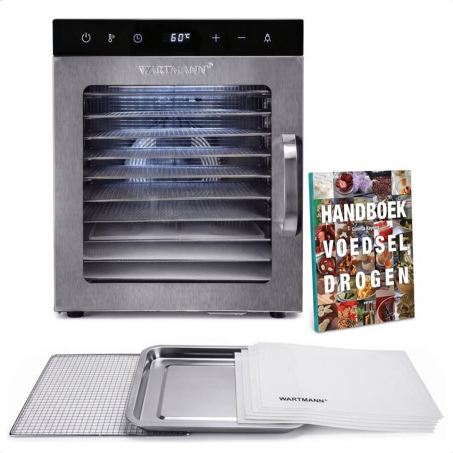Wartmann Voedseldroger Voordeelset 10 laags Droogoven Handboek Voedsel Drogen 6 Siliconen Bakmatten WM 2110 DH Dubbelwandig RVS 25°C tot 90°C