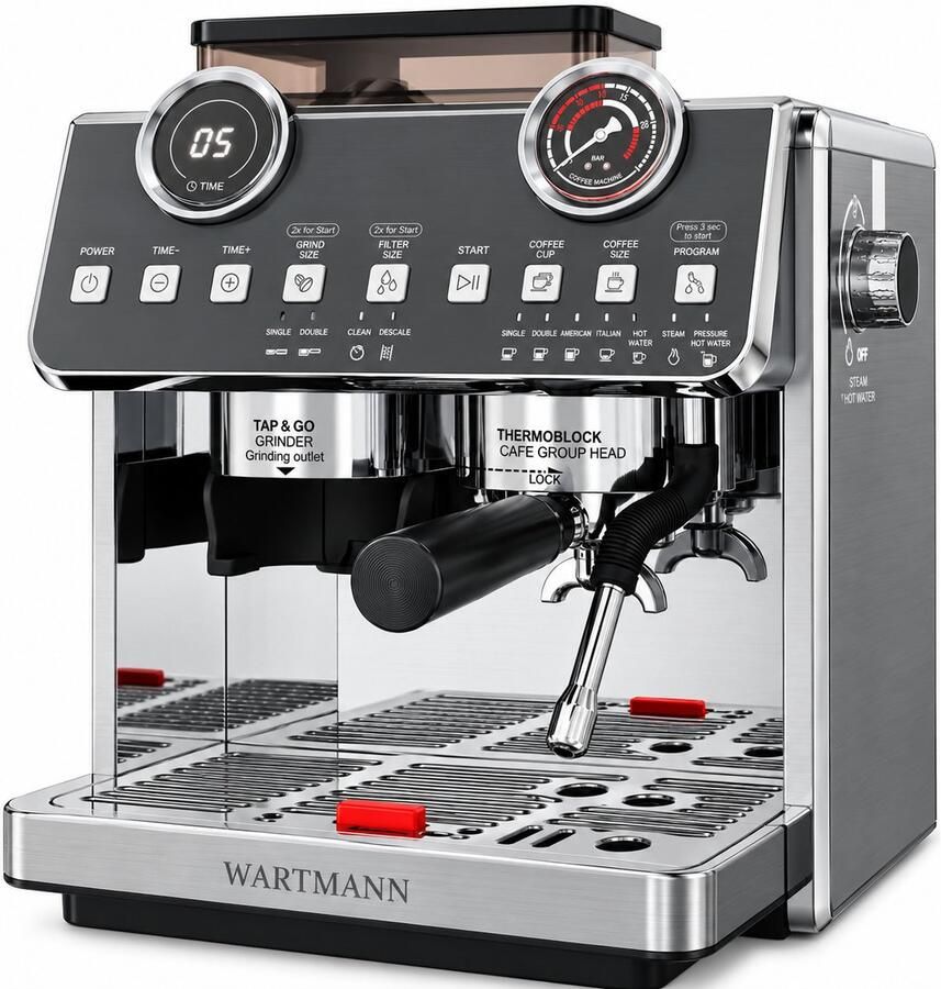 Wartmann WM-2502 EM Professionele Espressomachine (270279) met ingebouwde koffiemolen en draaibare stoompijp