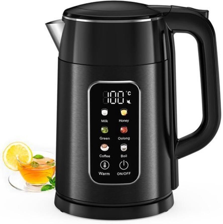 Waterkoker met temperatuurinstelling 1 7 l 2200 W roestvrij staal zwart met 6 temperatuurniveaus kleurendisplay 2 uur warmhoudfunctie elektrische theekoker dubbelwandig BPA-vrij