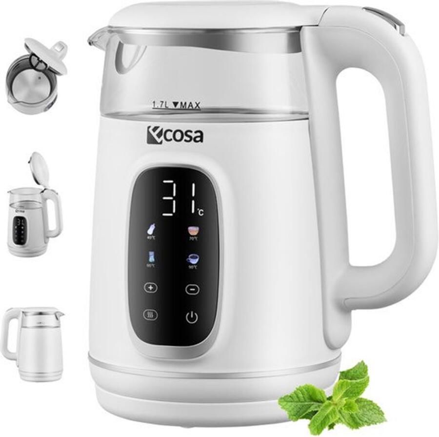 Waterkoker met temperatuurinstelling glas en roestvrij staal theekoker 1 7 liter 2200 watt BPA-vrij met temperatuurkeuze van 40 °C tot 100 °C warmhoudfunctie ledverlichting