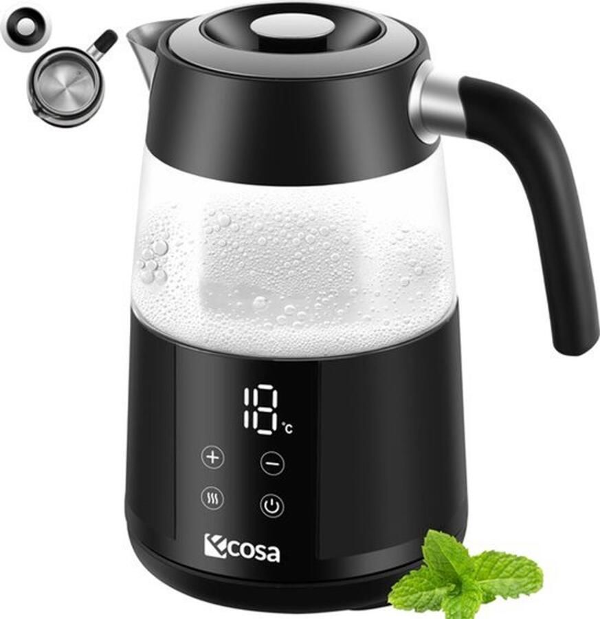 Waterkoker met temperatuurinstelling glas roestvrij staal theekoker 2.200 watt 1 7 liter BPA-vrij met temperatuurkeuze 40 °C 100 °C warmhoudfunctie digitale sensor touch-display