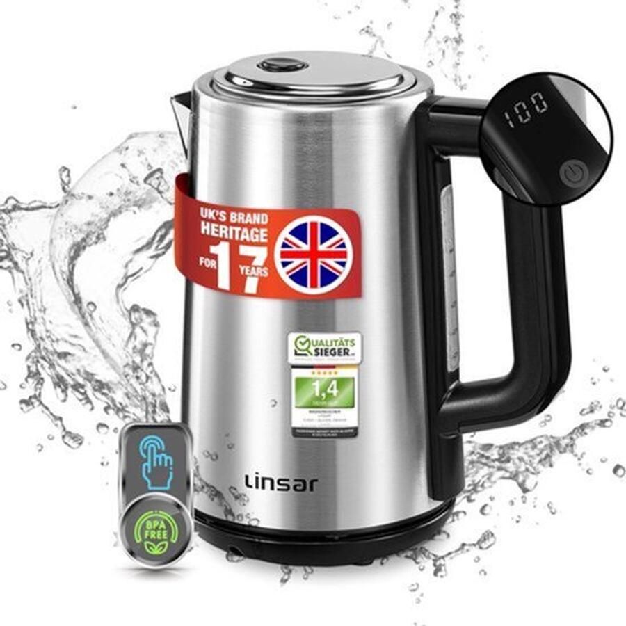 Waterkoker RVS look 1 7 liter Met touchfunctie warmhoudfunctie 5 temperatuurinstellingen kalkfilter automatische uitschakeling en digitaal display 2200 Watt (roestvrij staal)