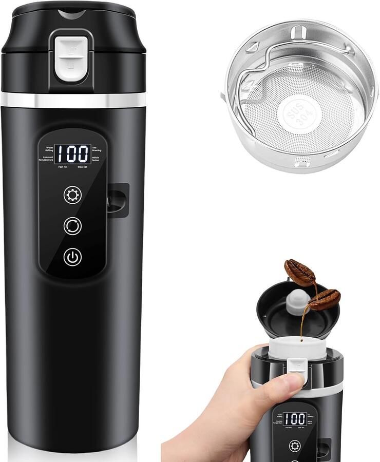 Waterkoker voor de Auto Zwart 500 ml Roestvrij Staal met LCD Display Voor Vrachtwagen en Camping