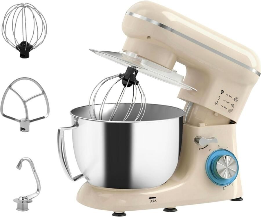 Wclavion Staande mixer 4 5 liter 1300 W 6 snelheden Roestvrijstalen kom Garde Haak Staaf Beige