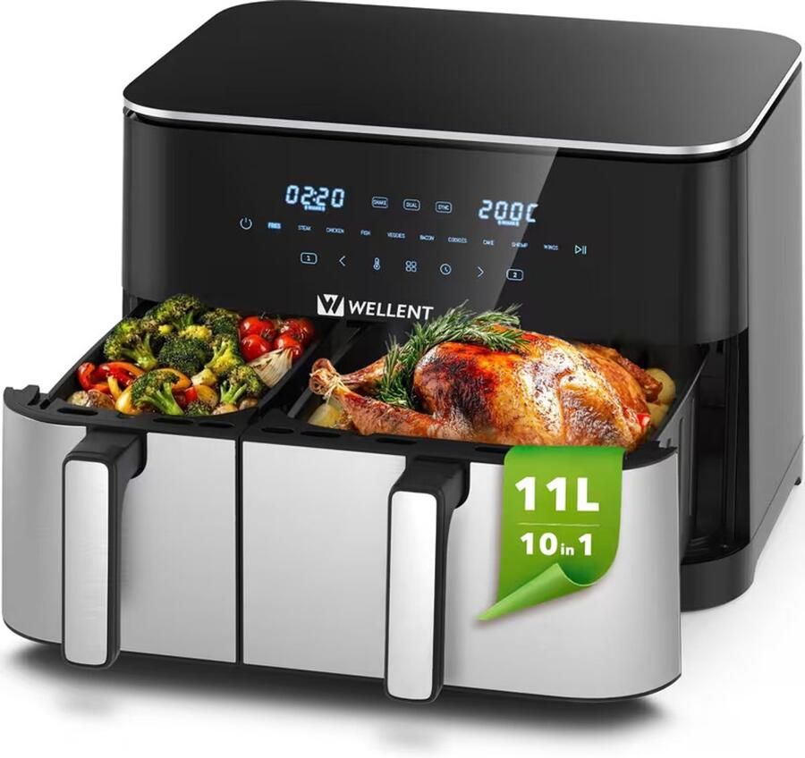 WELLENT Dual Easy Fry Airfryer 11 L – Dubbele Airfryer met 2 Baklades – 2600 W – 10 Programma s