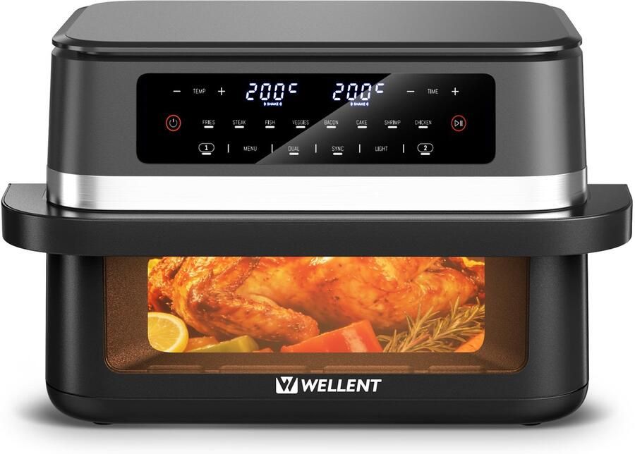 WELLENT Dubbele Airfryer 2x 6L 12 liter 2 manden Airfryer XXL Touchscreen Kijkvenster 8 programma's 2950W