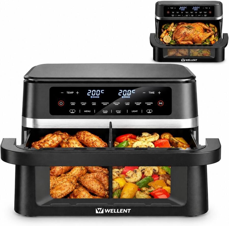 WELLENT Dubbele Airfryer 2x6L 12 liter 2 manden Airfryer XXL Touchscreen Kijkvenster 8 programma's 2950W - Foto 2