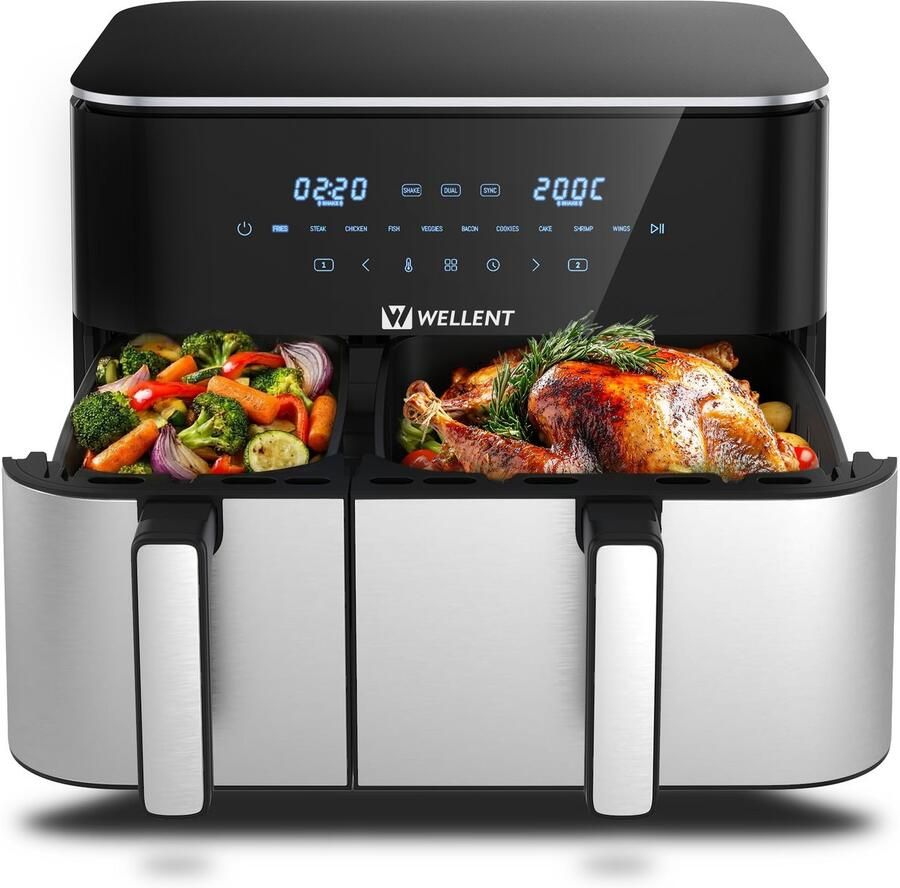 WELLENT Dubbele Airfryer 4L+7L 11 liter 2 manden Airfyer XXL Touchscreen 10 programma's 2600W