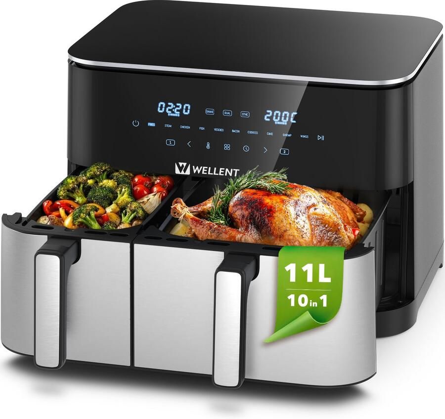 WELLENT Dubbele Airfryer XXXL 11 L Nieuw 2026 Model 80 tot 200 Graden 2600 W Vermogen Dual Zone Technologie