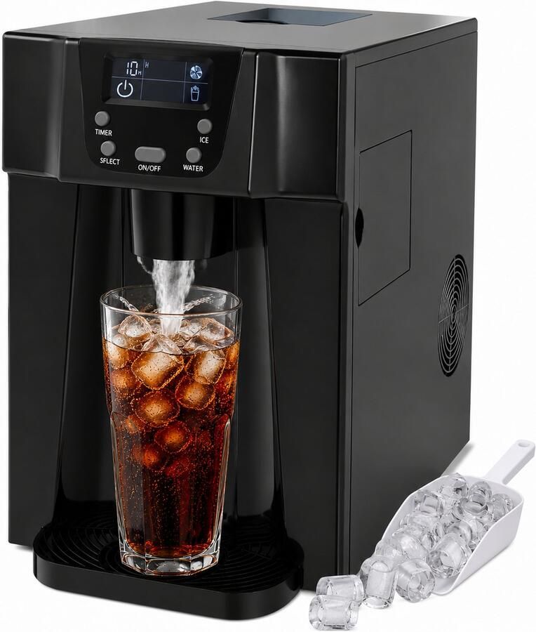 Welltin IJsblokjesmakers 2-in-1 IJsblokjesmachine IJsmaker Waterdispenser IJsblokjesmachine klein 12kg 24u – Stil 43dB – 3L Watertank – S M IJsblokjes – LCD – Zwart – Voor Thuis Keuken Kantoor