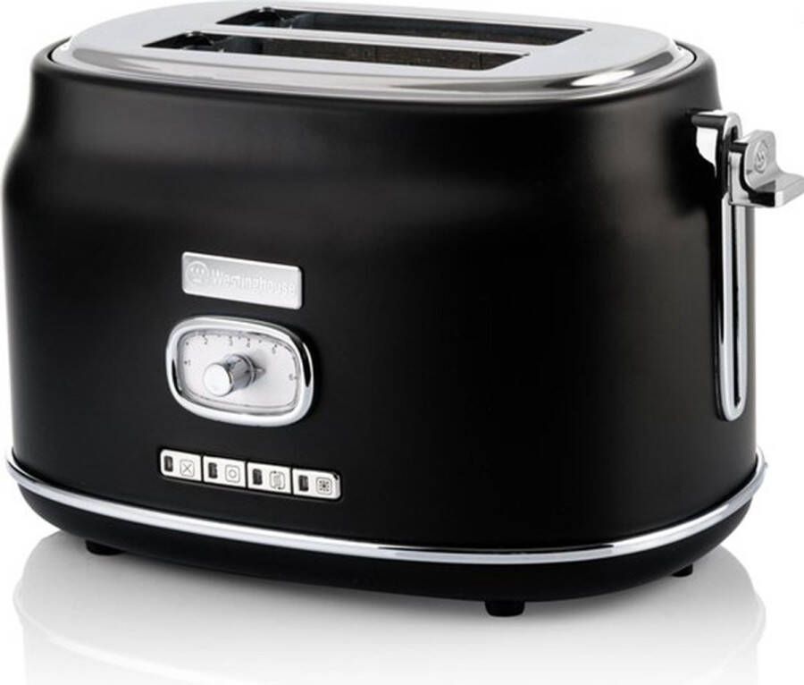 Westinghouse Retro Broodrooster – 2 Sneden – Extra Brede Sleuven – Warmhoudrek – 815W – Zwart