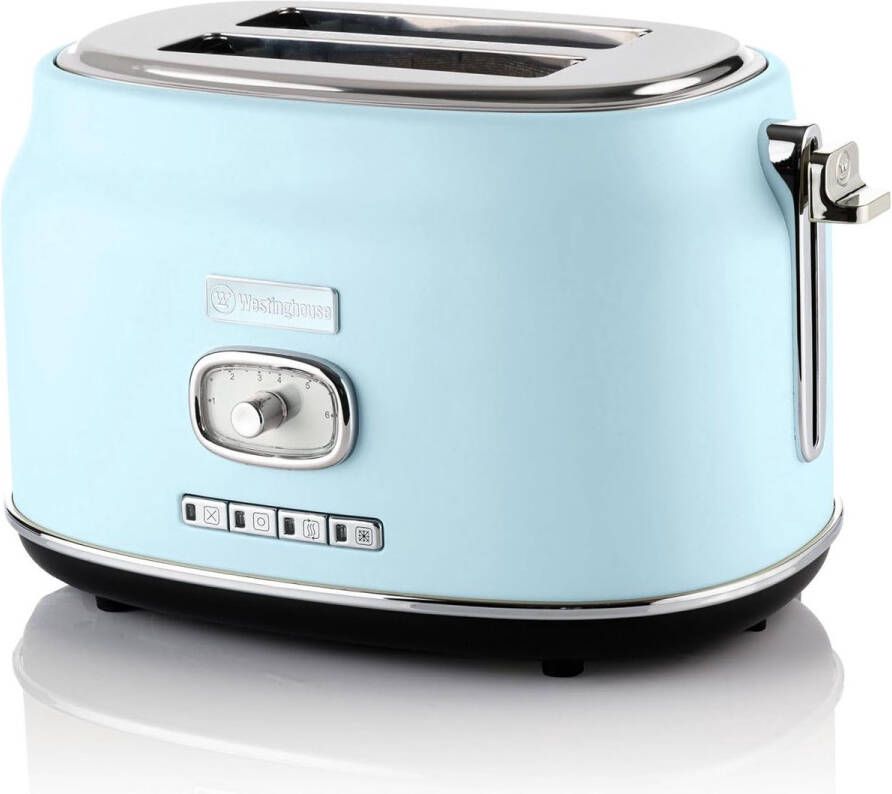 Westinghouse Retro Broodrooster – 2 Sneden – Extra Brede Sleuven – Warmhoudrek – 815W – Blauw