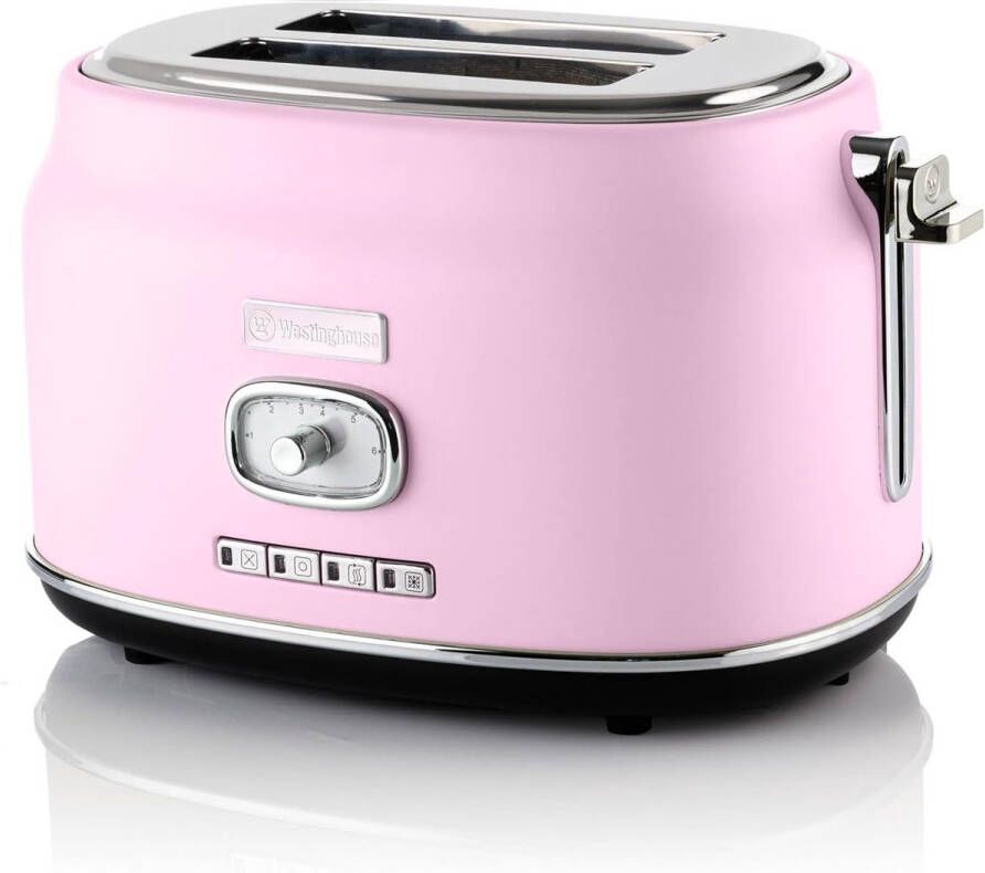 Westinghouse Retro Broodrooster – 2 Sneden – Extra Brede Sleuven – Warmhoudrek – 815W – Roze