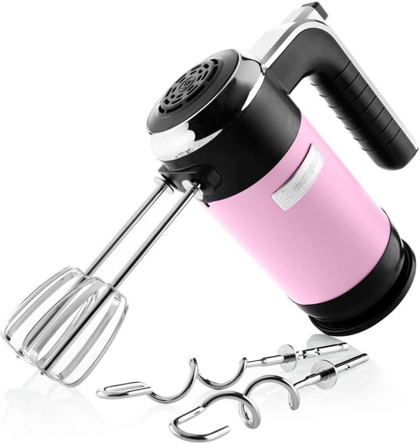 Westinghouse Retro Handmixer – 6 snelheden + turbofunctie – Gardes & Deeghaken – Met opbergstandaard – 350W – Roze