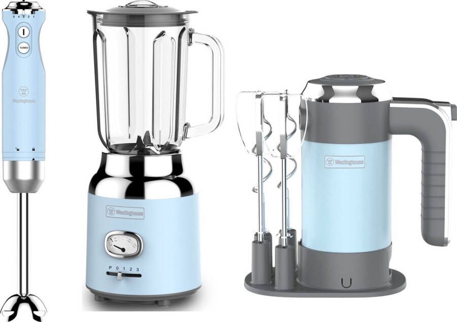 Westinghouse Retro 3-delige Set – Handmixer + Staafmixer + Blender 1 5L – Blauw