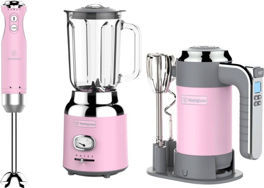 Westinghouse Retro 3-delige Set – Handmixer + Staafmixer + Blender 1 5L – Roze