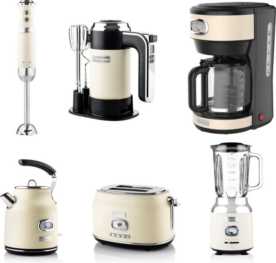 Westinghouse Retro 6-delige Set – Handmixer + Staafmixer + Blender 1 5L + Waterkoker 1 7L + Broodrooster 2 Sneden + Filter Koffiezetapparaat – Beige