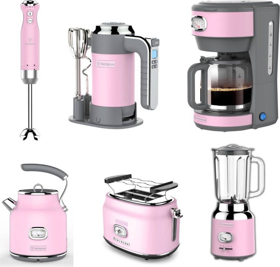 Westinghouse Retro 6-delige Set – Handmixer + Staafmixer + Blender 1 5L + Waterkoker 1 7L + Broodrooster 2 Sneden + Filter Koffiezetapparaat – Roze