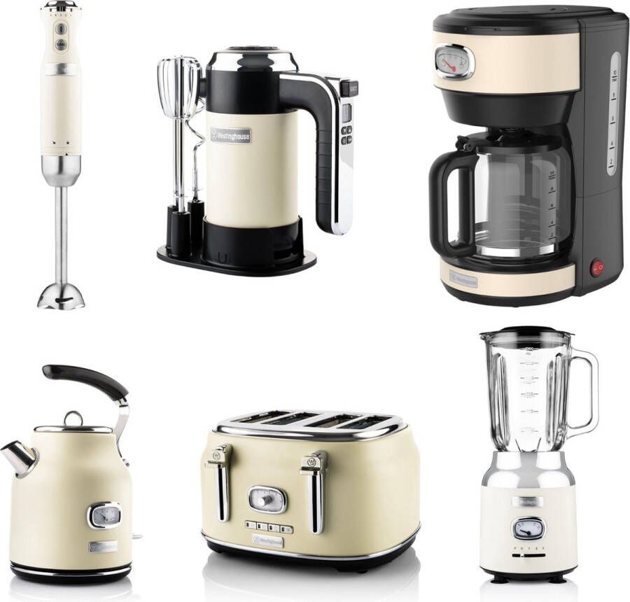 Westinghouse Retro 6-delige Set – Handmixer + Staafmixer + Blender 1 5L + Waterkoker 1 7L + Broodrooster 4 Sneden + Filter Koffiezetapparaat – Beige