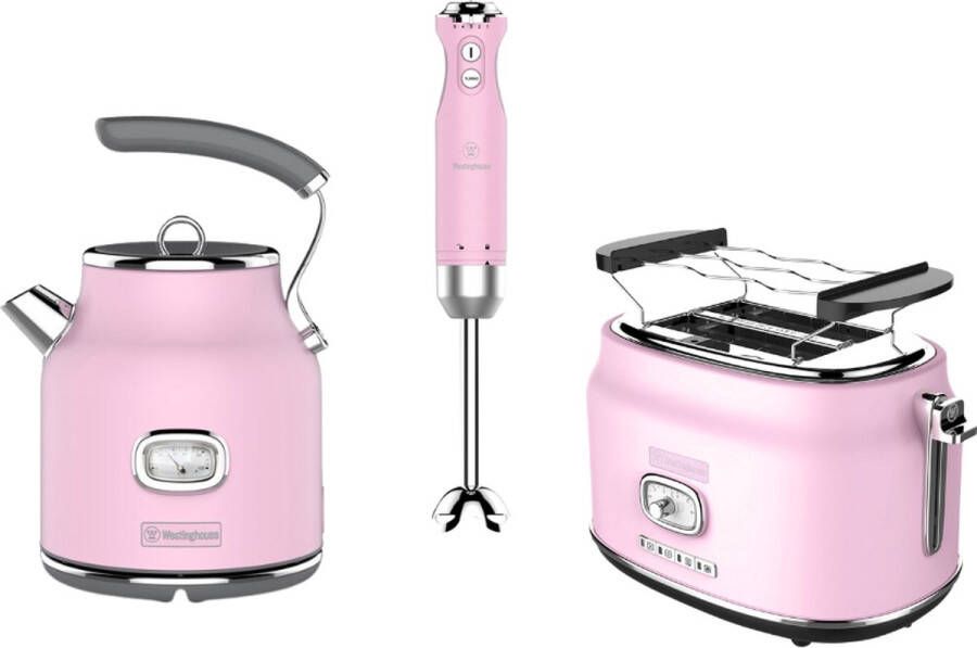 Westinghouse Retro Waterkoker + Broodrooster 2 Sleuven + Staafmixer Roze