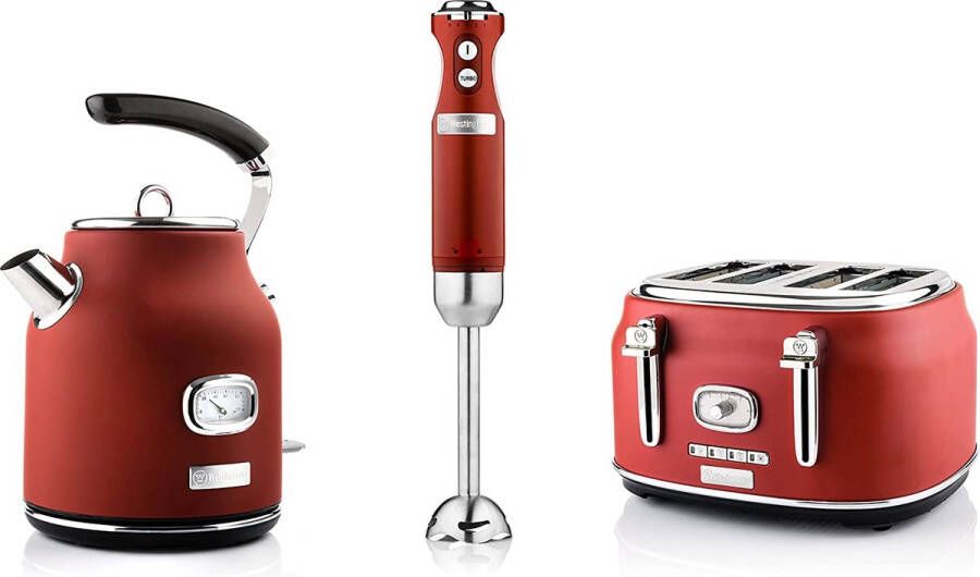 Westinghouse Retro Waterkoker + Broodrooster 4 Sleuven + Staafmixer Rood Set