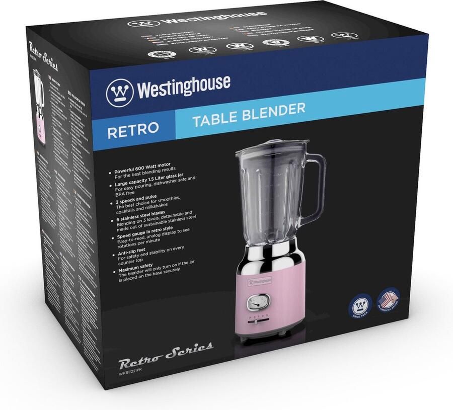 Westinghouse Retro 6-delige Set – Handmixer + Staafmixer + Blender 1 5L + Waterkoker 1 7L + Broodrooster 2 Sneden + Filter Koffiezetapparaat – Roze