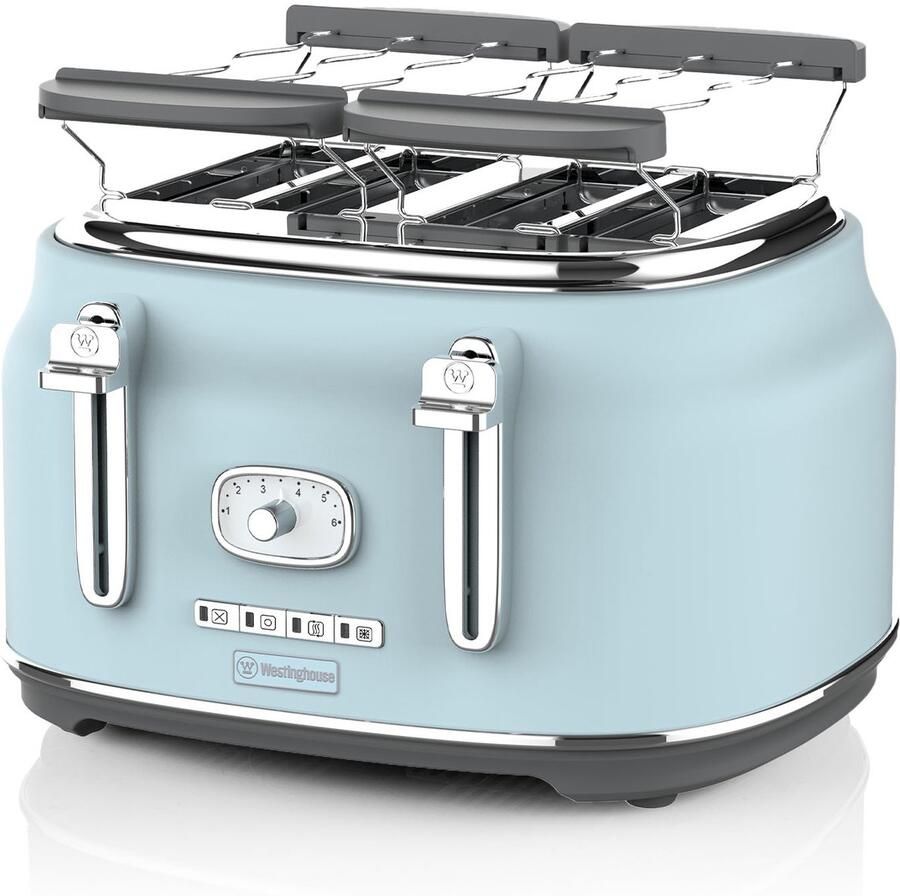Westinghouse Retro Broodrooster – 4 Sneden – Extra Brede Sleuven – Warmhoudrek – 1750W – Blauw