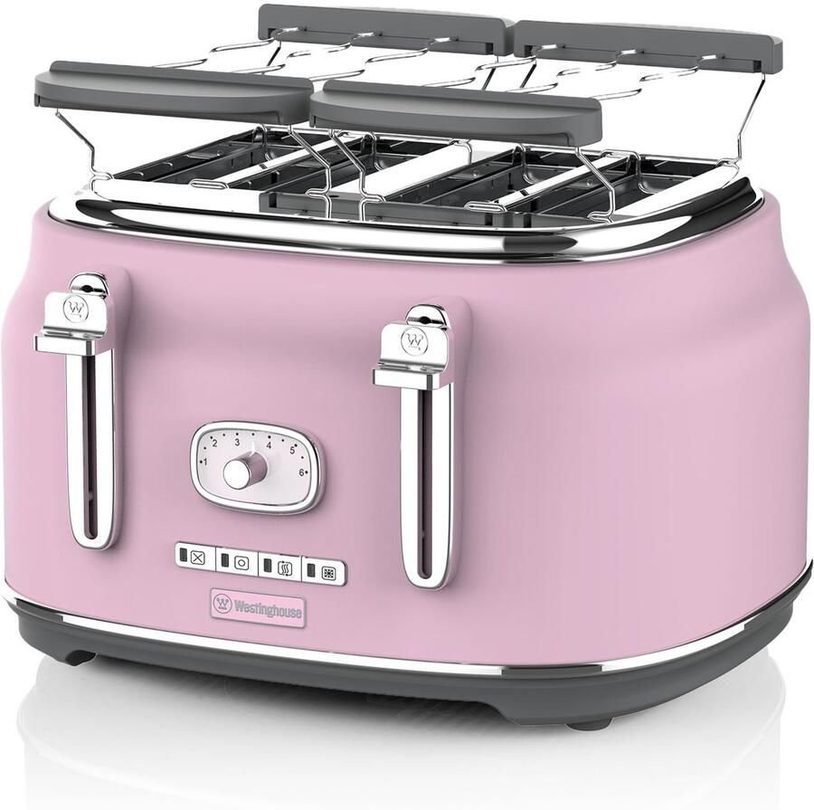 Westinghouse Retro Broodrooster – 4 Sneden – Extra Brede Sleuven – Warmhoudrek – 1750W – Roze