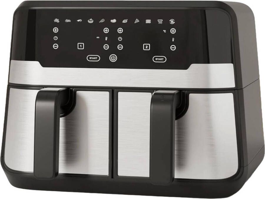 White-Label Dubbele Airfryer XXXL Duo Heteluchtfriteuse Geschikt voor Accessoires 9L Zwart en Zilver