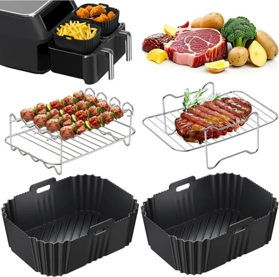 White-Label Airfryer Accessoires Siliconen Bakje Bakpapier -Zwart en Zilver