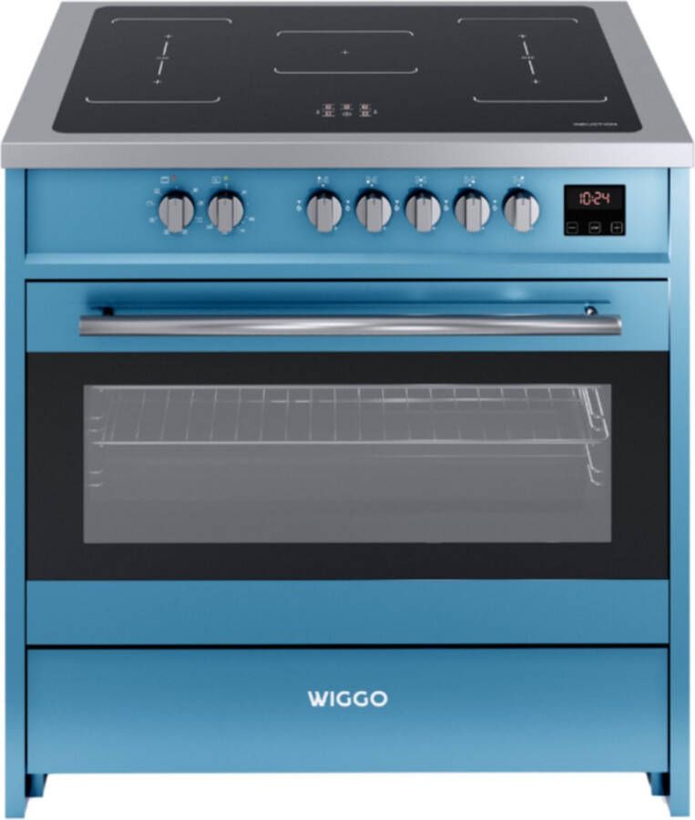 Wiggo Induction 90cm 2 fasen (7.6 kW) Oven 121L 50 250°C Metaal Aqua Blue Inox