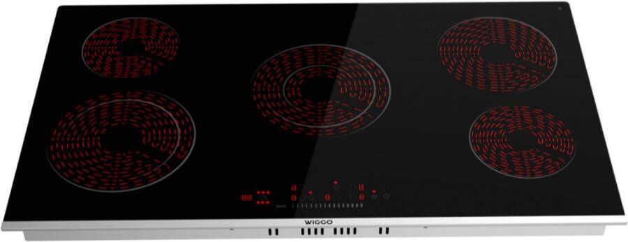 Wiggo WH-E975GC(B) – Keramische Kookplaat – 90 cm – Inbouw – 5 kookzones – 3 fasen (7.6 kW) – Touch Control – Restwarmte-indicatie – Zwart Glas