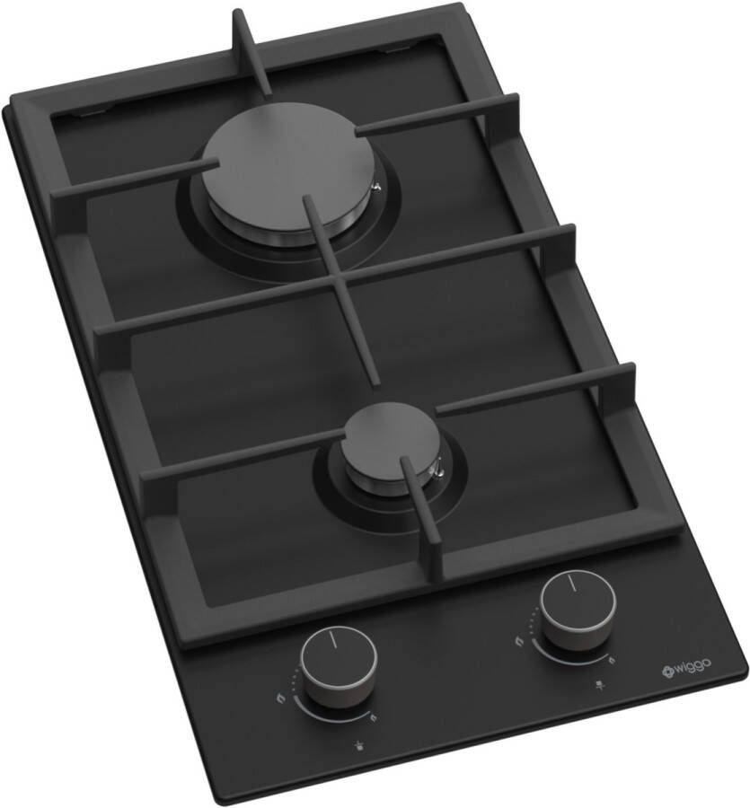 Wiggo WH-G332RD(B) Inbouw Gaskookplaat 30 cm 2 Kookzones Gietijzeren pannendragers 5 jaar garantie Zwart Geëmailleerd