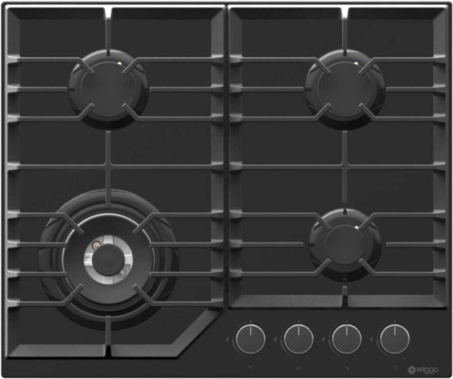 Wiggo WH-G634GL(B) Inbouw Gaskookplaat Glas op gas Wok brander 60cm 4 Kookzones Gietijzeren pannendragers 5 jaar garantie Zwart Glas