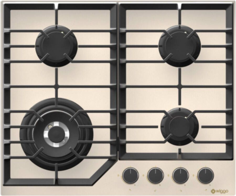 Wiggo WH-G634GL(C) Inbouw Gaskookplaat Glas op gas Wok brander 60cm 4 Kookzones Gietijzeren pannendragers 5 jaar garantie Crème Glas