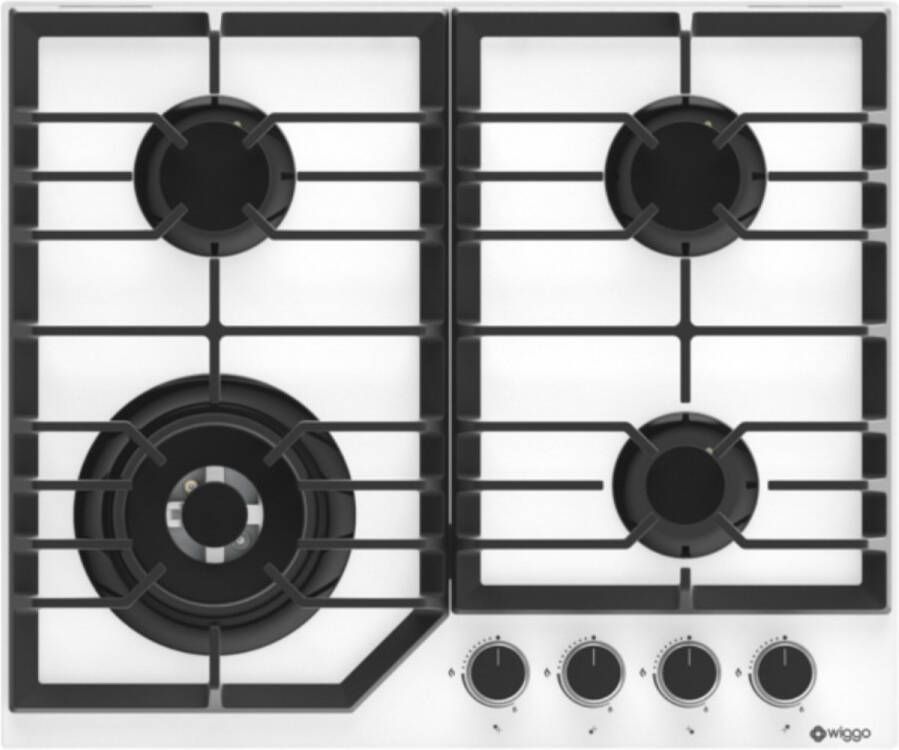 Wiggo WH-G634GL(W) Inbouw Gaskookplaat Glas op gas Wok brander 60cm 4 Kookzones Gietijzeren pannendragers 5 jaar garantie Wit Glas