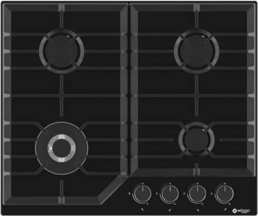 Wiggo WH-G634RL(B) Inbouw Gaskookplaat Wok brander 60 cm 4 Kookzones Gietijzeren pannendragers 5 jaar garantie Zwart Geëmailleerd